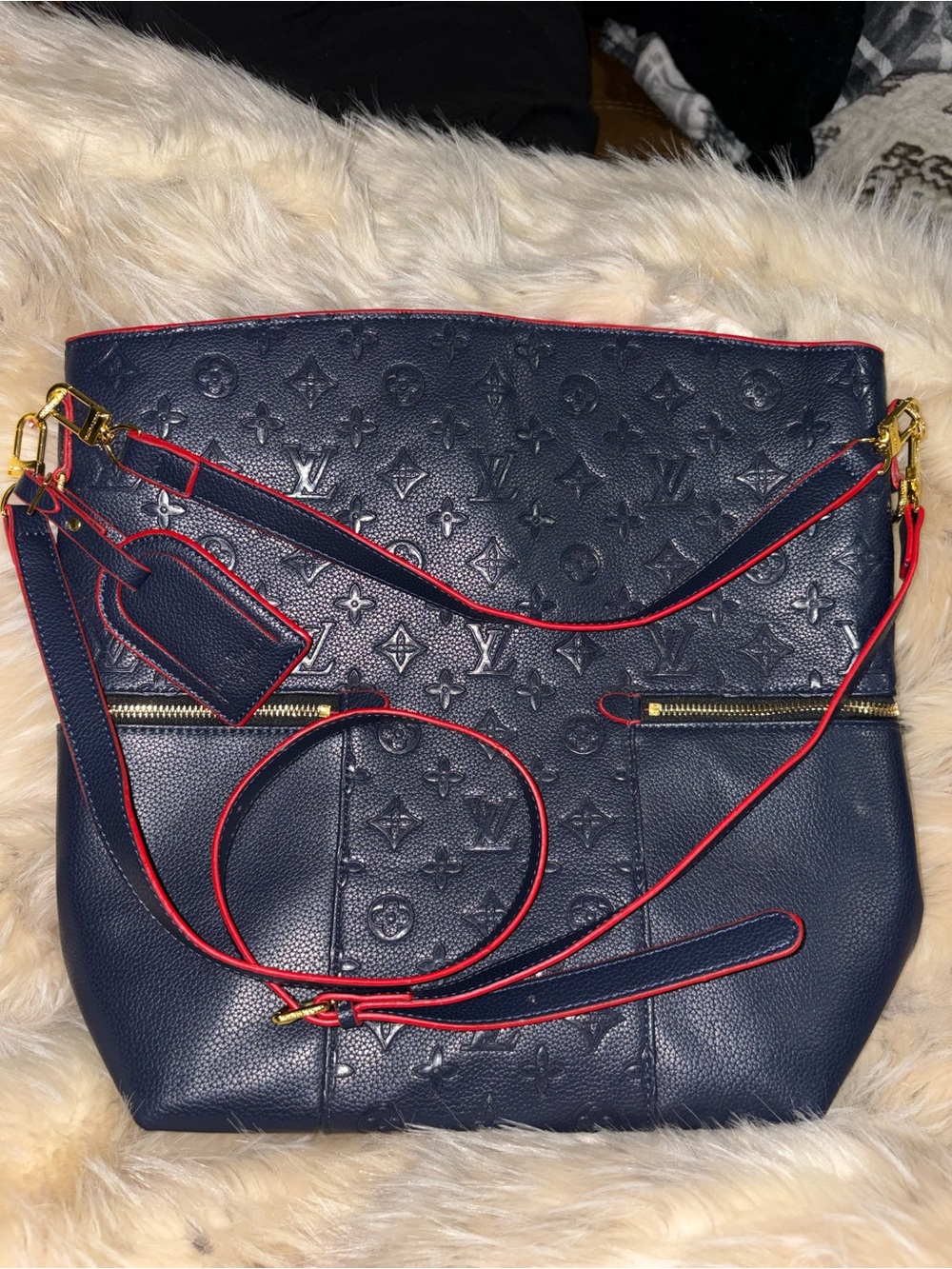 Louis Vuitton Navy Blue Monogram Shoulder Bag with Red Trim